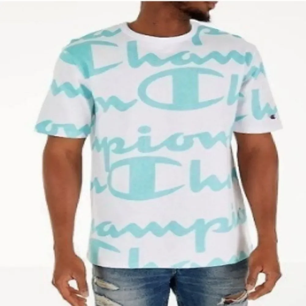 Men's Champion Heritage All-Over-Print Giant Script Crewneck Tee Ⓢ - Picture 1 of 5